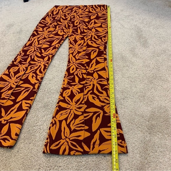 Zara red orange flared floral tropical Jacquard stretchy pants Sz L - Picture 11 of 12